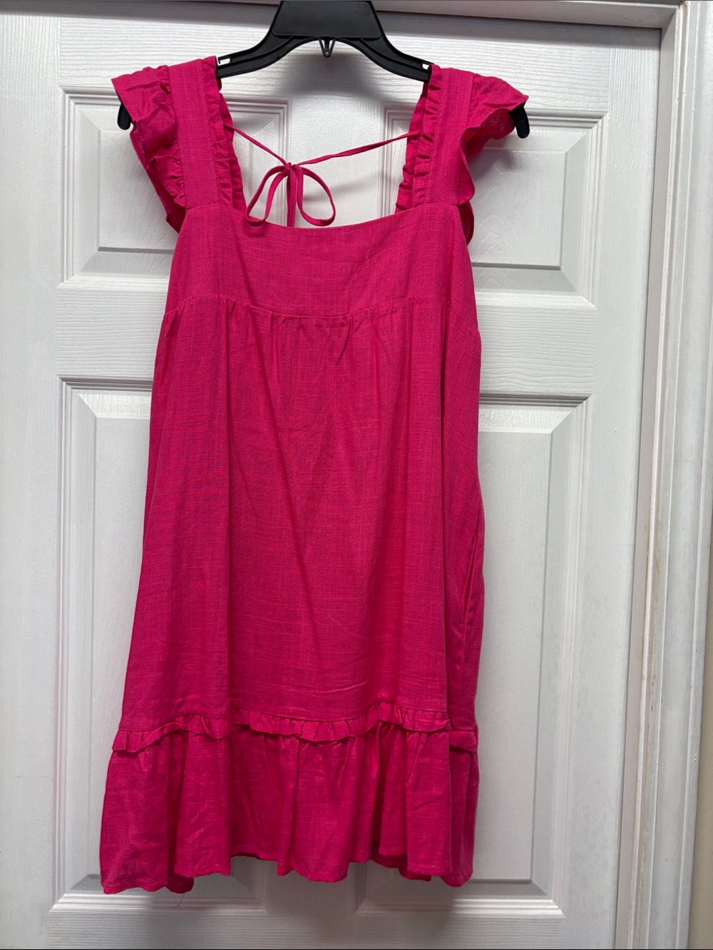 New In Fuchsia Ruffle Strap Linen Blend Tie Back Pockets Sundress Medium New